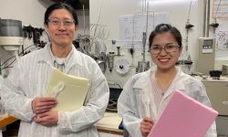 UC Chemical and Process Engineering academic Dr Heon Park with co-author UC Engineering PhD student Lilian Lin and examples of the materials they're studying.