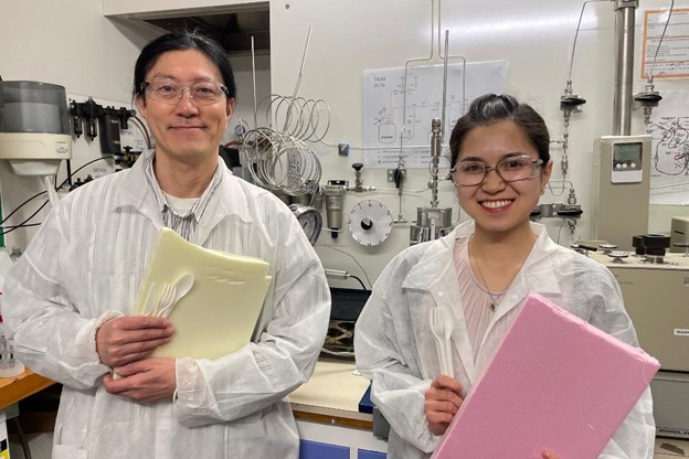 UC Chemical and Process Engineering academic Dr Heon Park with co-author UC Engineering PhD student Lilian Lin and examples of the materials they're studying.
